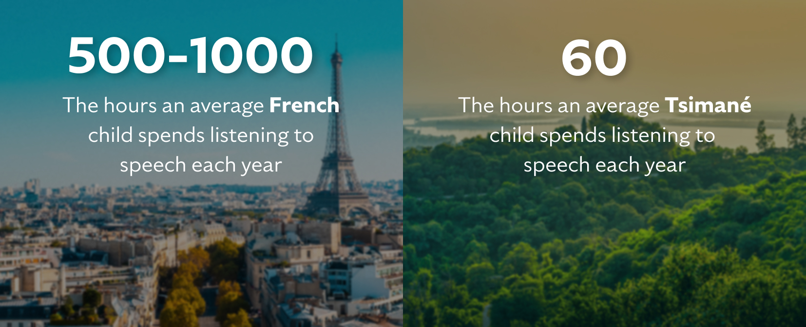 Comparison between how long French and Tsimane children spend listening to their native language each year