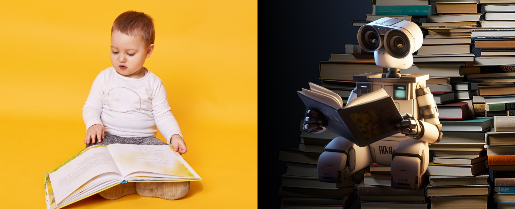 A young human reads a book while a machine must read hundreds of them