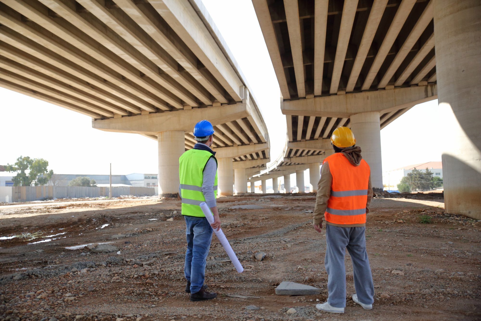 two people looking up at a bridge